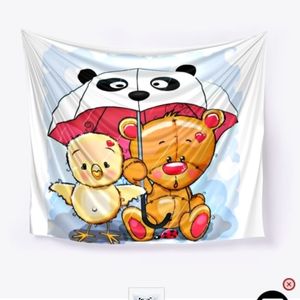 Teddy bead and chick under umbrella tapestry